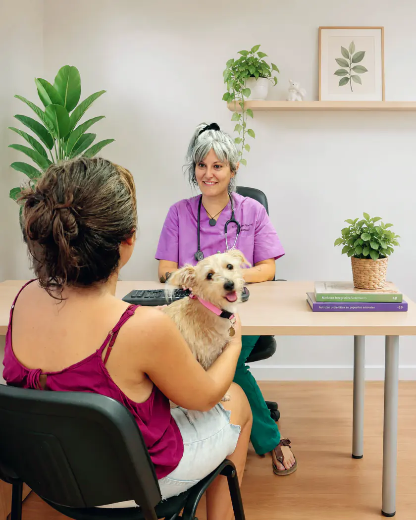 Melania Nichetti atendiendo a una clienta y su perro durante una consulta veterinaria