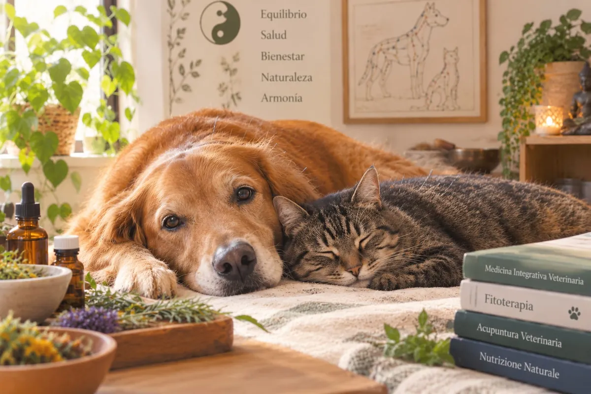 Un perro y un gato descansando juntos en un entorno de medicina integrativa veterinaria